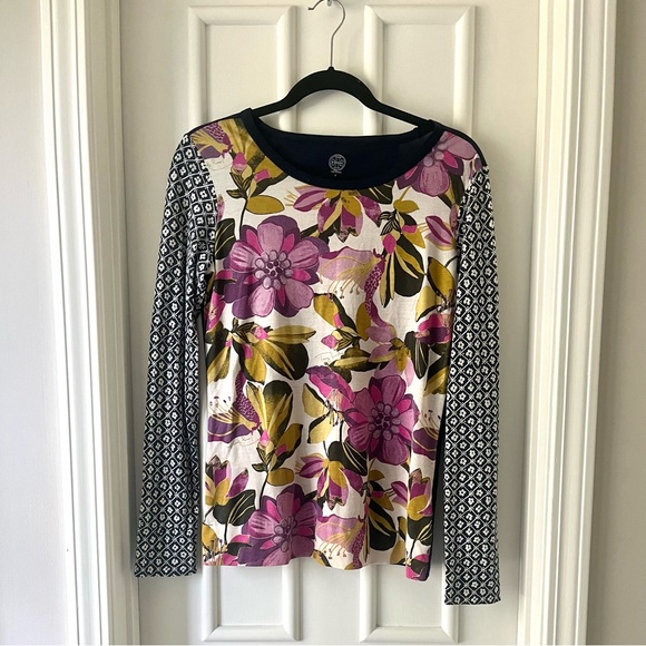 Tory Burch Floral Navy Blue Pima Cotton Long Sleeve Shirt - Picture 1 of 4